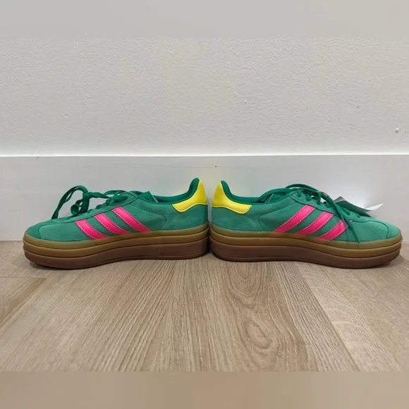 New!adidas gazellGreen Suede Sneakers with Pink Three-Stripes and Yellow Heel - Picture 3 of 9